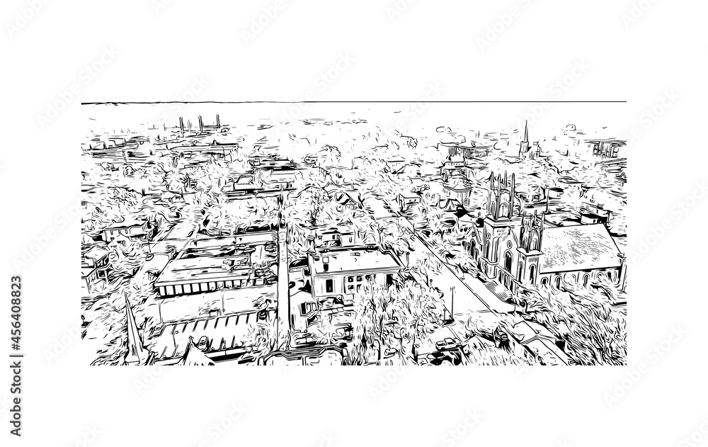 Building view with landmark of Lafayette is the 
city in Indiana. Hand drawn sketch illustration in vector. 