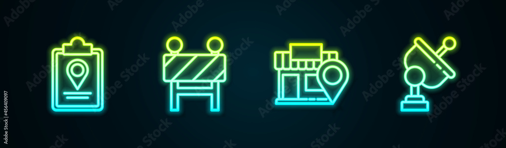 Set line Folded map with location marker, Road barrier, Location store and Radar. Glowing neon icon. Vector Set line Folded map with location marker, Road barrier, Location store and Radar. Glowing neon icon. Vector