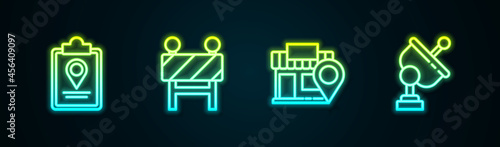 Set line Folded map with location marker, Road barrier, Location store and Radar. Glowing neon icon. Vector