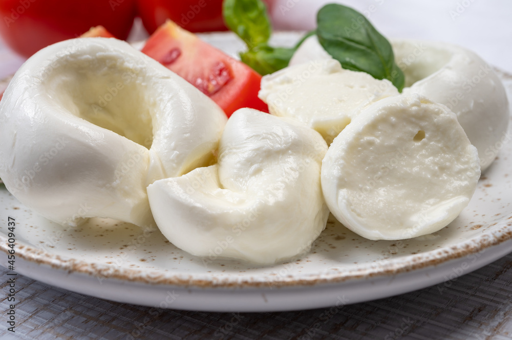 South Italian soft white mozzarella cheese made from buffalo cows milk served with ripe tomatoes and fresh green basil herb South Italian soft white mozzarella cheese made from buffalo cows milk served with ripe tomatoes and fresh green basil herb