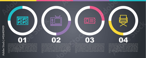 Set line Online play video, Retro tv, Cinema ticket and Director movie chair. Business infographic template. Vector