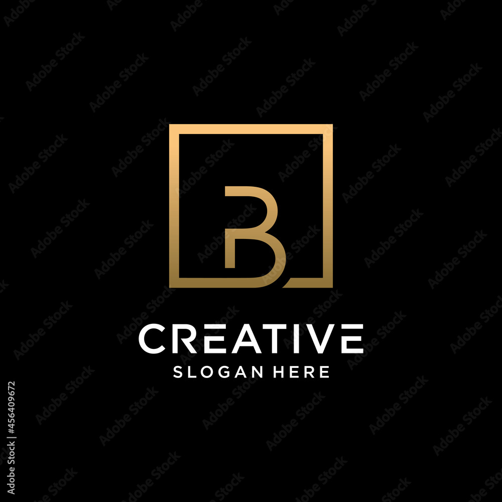 Creative monogram logo design initial letter b with square line art and golden color style