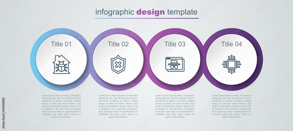 Set line House system bug, Shield with cross mark, Browser incognito window and Processor microcircuits CPU. Business infographic template. Vector Set line House system bug, Shield with cross mark, Browser incognito window and Processor microcircuits CPU. Business infographic template. Vector