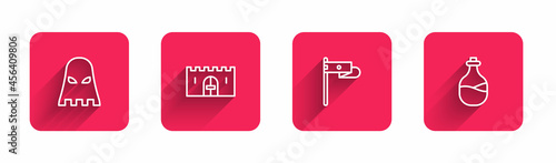 Set line Executioner mask, Medieval castle gate, flag and Old bottle of wine with long shadow. Red square button. Vector