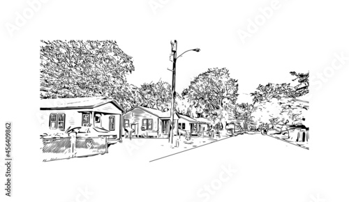 Building view with landmark of Lafayette is a city in southern Louisiana. Hand drawn sketch illustration in vector. 