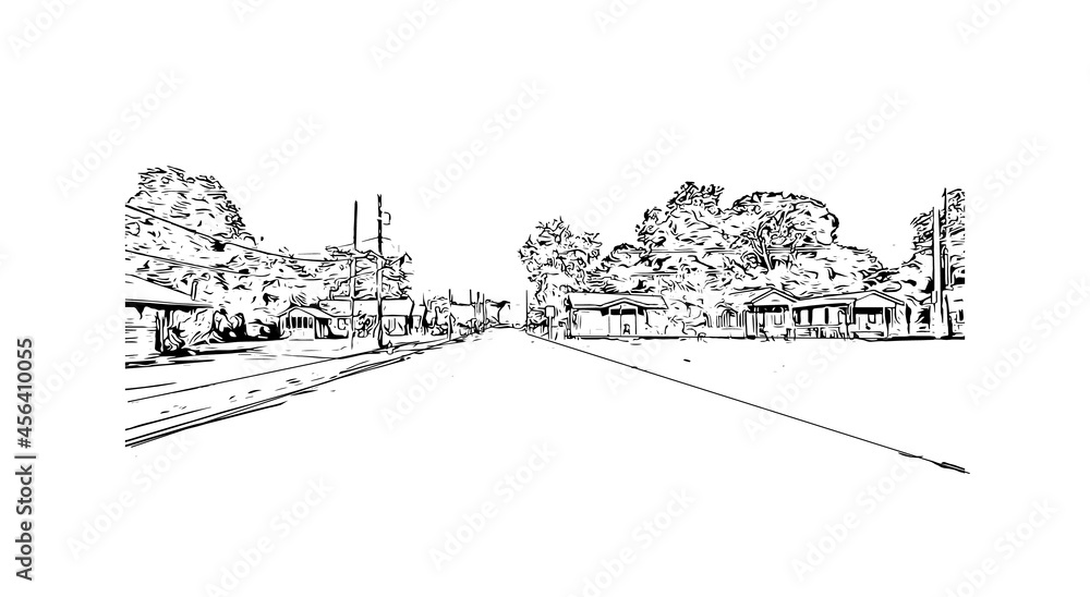 Building view with landmark of Lafayette is a city in southern Louisiana. Hand drawn sketch illustration in vector. 