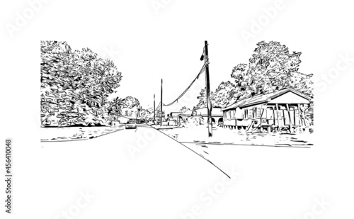Building view with landmark of Lafayette is a city in southern Louisiana. Hand drawn sketch illustration in vector. 