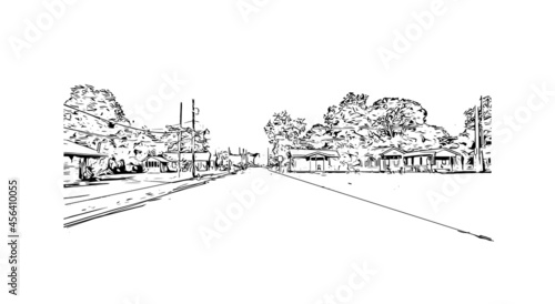 Building view with landmark of Lafayette is a city in southern Louisiana. Hand drawn sketch illustration in vector. 