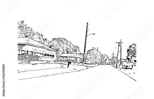 Building view with landmark of Lafayette is a city in southern Louisiana. Hand drawn sketch illustration in vector. 