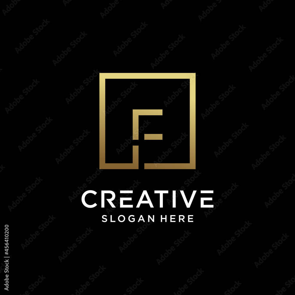 Creative monogram logo design initial letter f with square line art and golden color style Creative monogram logo design initial letter f with square line art and golden color style