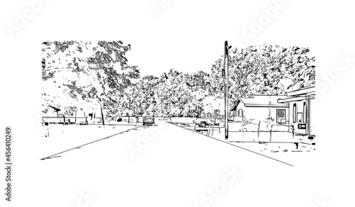 Building view with landmark of Lafayette is a city in southern Louisiana. Hand drawn sketch illustration in vector. 