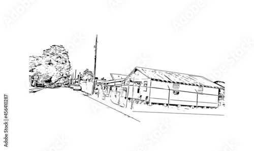 Building view with landmark of Lafayette is a city in southern Louisiana. Hand drawn sketch illustration in vector. 