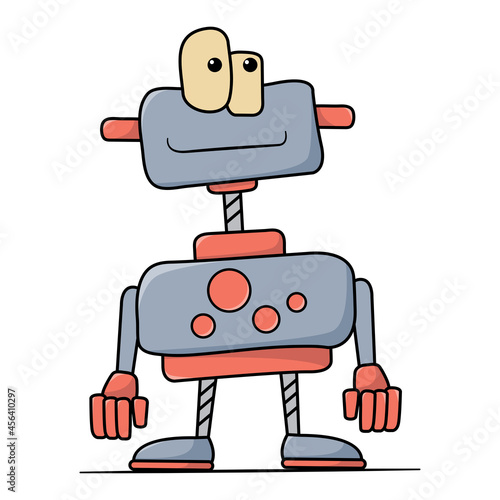 Funny cartoon hand drawn robot. Illustration for kids.