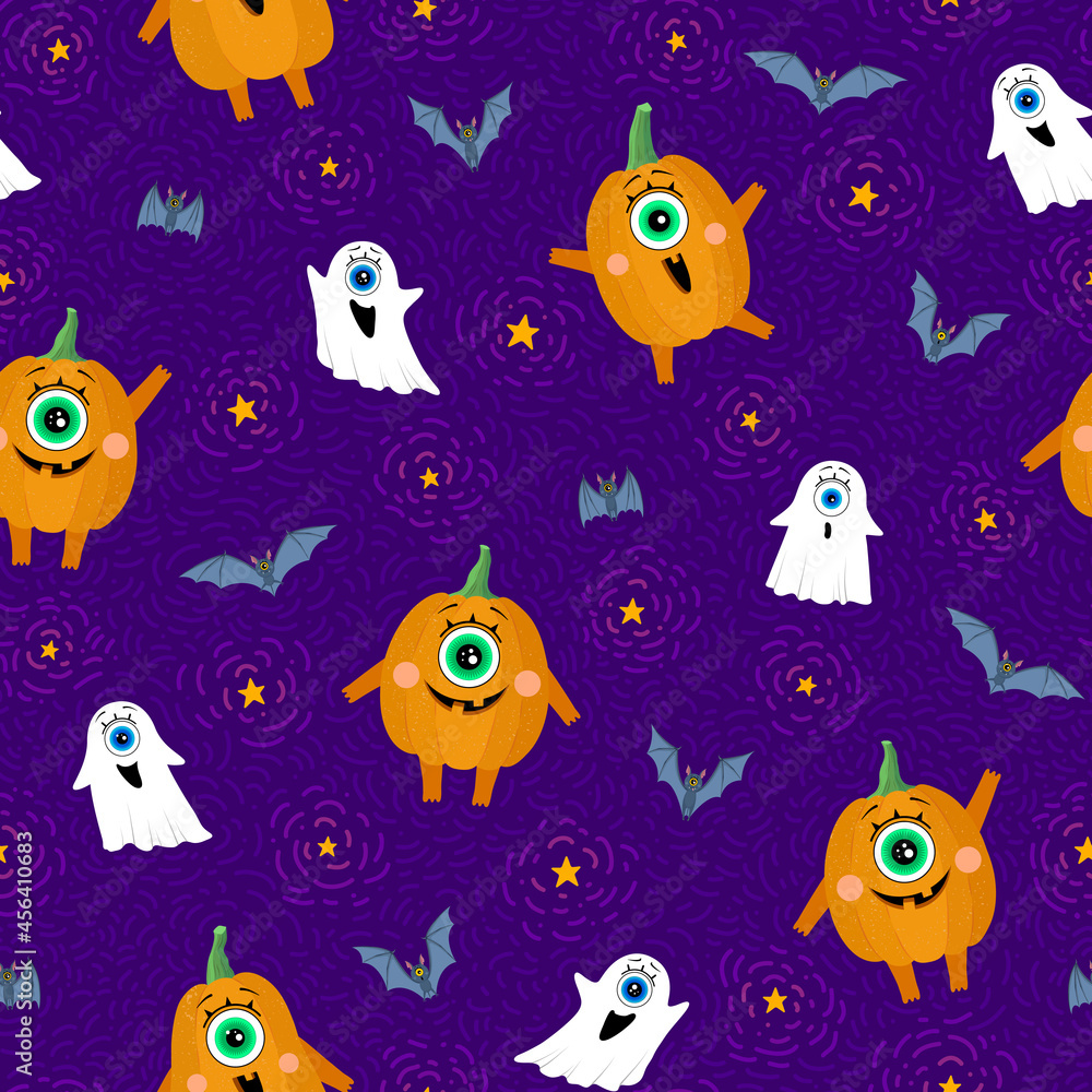 Pattern for Halloween. Pumpkins, bats, ghosts and glowing stars on a purple background
