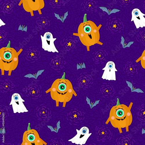 Pattern for Halloween. Pumpkins  bats  ghosts and glowing stars on a purple background