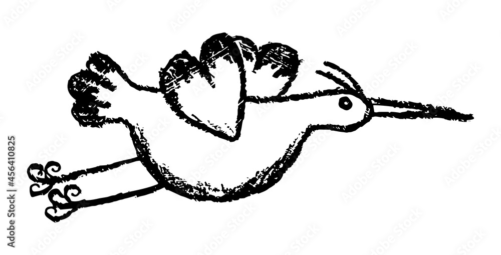 Creative grunge linear drawing of flying stork, heron or crane. Rough black and white vector sketch of a bird with outstretched wings, long beak and legs Creative grunge linear drawing of flying stork, heron or crane. Rough black and white vector sketch of a bird with outstretched wings, long beak and legs