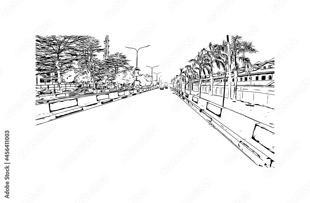 Building view with landmark of Lagos is the 
city in Nigeria. Hand drawn sketch illustration in vector.