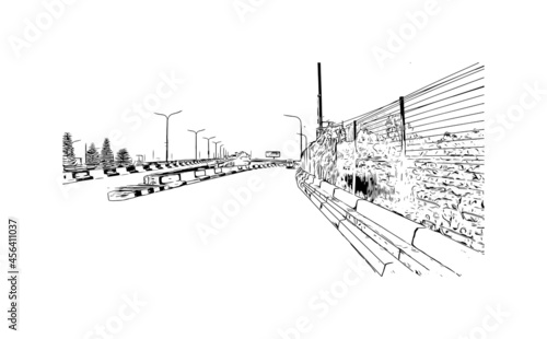 Building view with landmark of Lagos is the 
city in Nigeria. Hand drawn sketch illustration in vector.