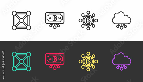 Set line Blockchain technology, Bitcoin with circuit, and Cryptocurrency cloud mining on black and white. Vector