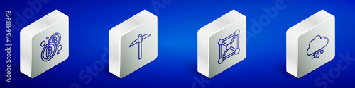 Set Isometric line Bitcoin, Pickaxe, Blockchain technology and Cryptocurrency cloud mining icon. Vector
