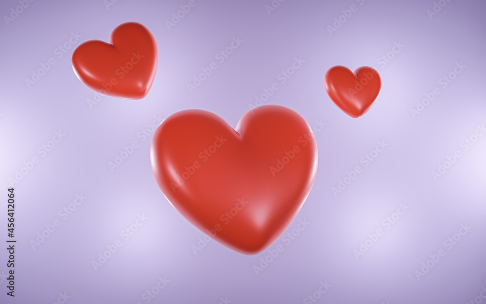 Red hearts on purple color background. heart icon, like and love 3d render , 3d illustration.