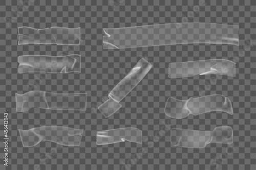 Realistic plastic adhesive wrinkled tape pieces on transparent background. Crumpled glue plastic sticky tape for mock up. 3d realistic tape vector.