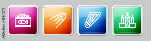 Set line Tin can with caviar, Satellite, Kankles and Church building. Colorful square button. Vector