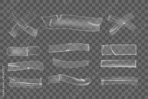 Realistic plastic adhesive wrinkled tape pieces on transparent background. Cross crumpled glue plastic sticky tape for mock up. 3d realistic tape vector.