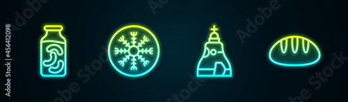 Set line Pickled cucumbers in a jar, Snowflake, The Tsar bell and Bread loaf. Glowing neon icon. Vector