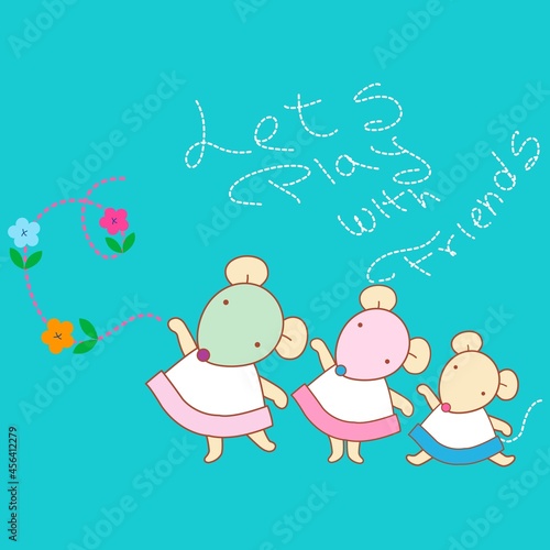 Cuties three mouses with flowers and text Lets play with friends
