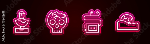 Set line Ancient bust sculpture, Broken human skull, Museum audio guide and Human. Glowing neon icon. Vector