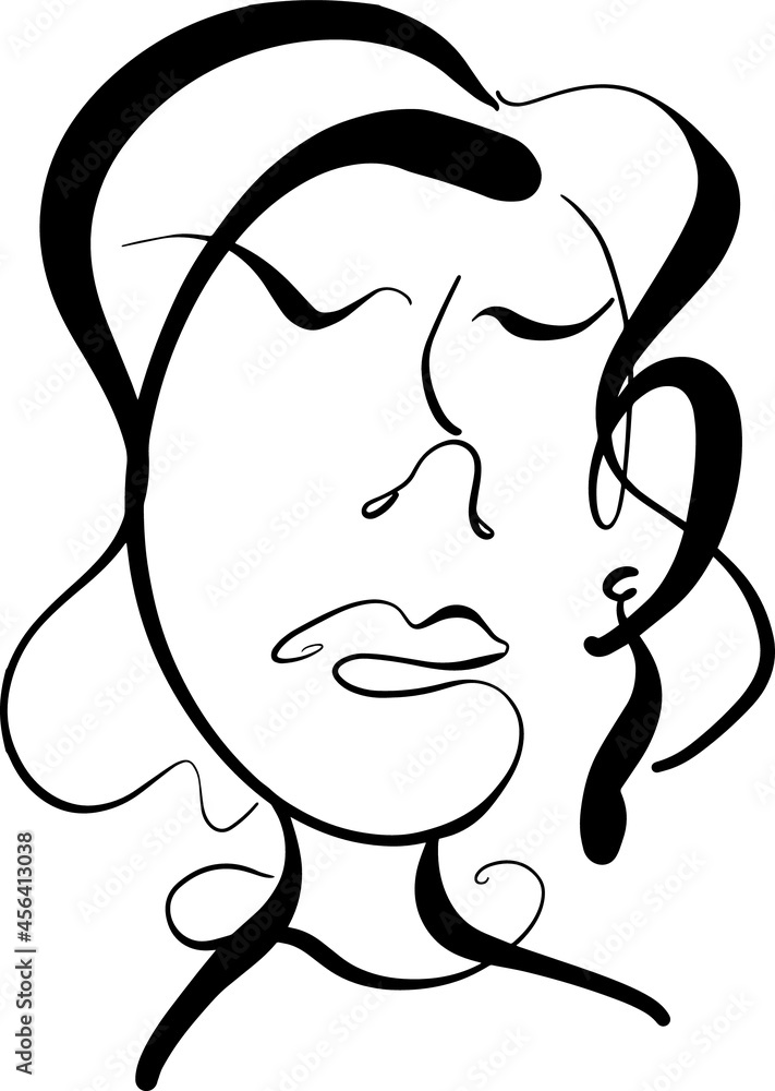 The girl's face is drawn in black pencil without taking her hands off the sheet. The girl's face is drawn in black pencil without taking her hands off the sheet.