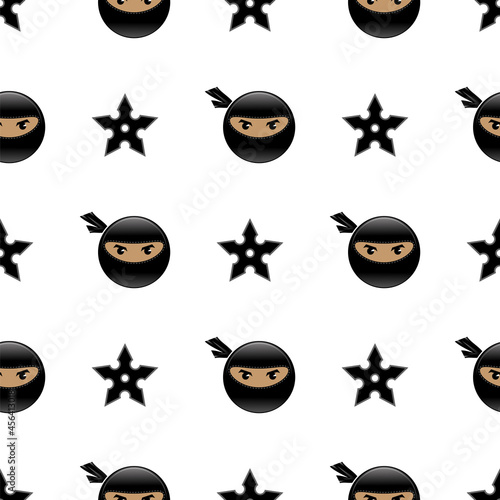 Cartoon Ninja Face Icon Isolated on White Background. Warrior Logo. Seamless Pattern