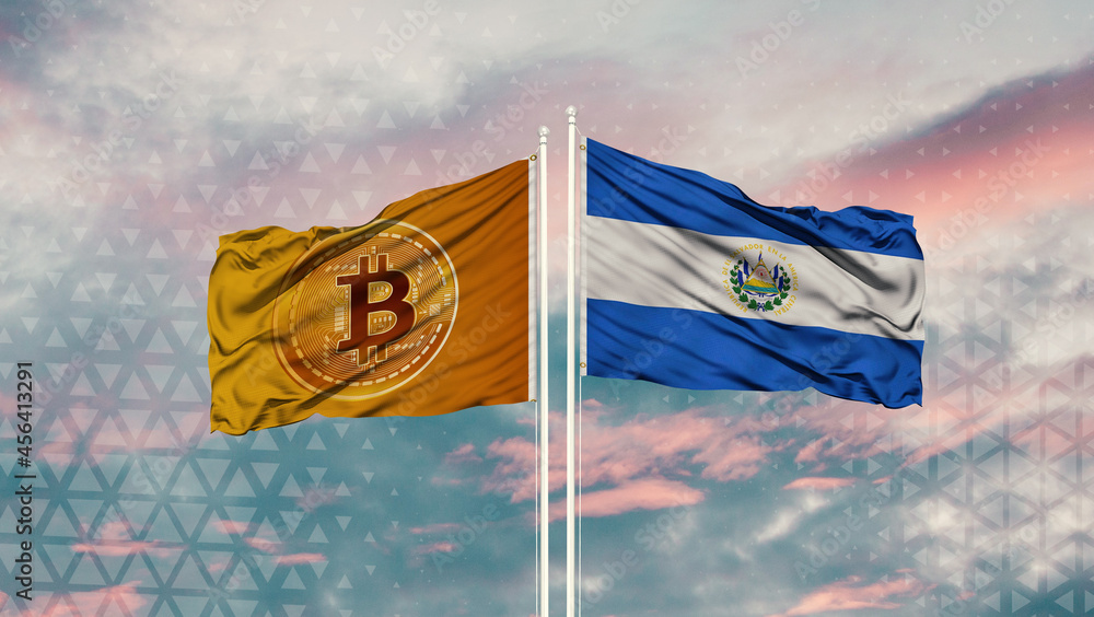 salvador flag and Bitcoin Flag waving over blue sky
 - obrazy, fototapety, plakaty 