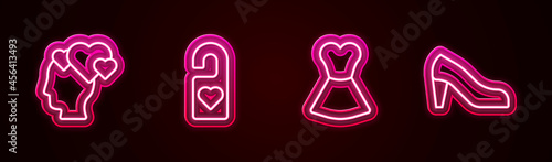 Set line Head with heart, Please do not disturb, Woman dress and shoe. Glowing neon icon. Vector