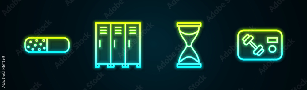 Set line Vitamin pill, Locker or changing room, Old hourglass and Fitness club, gym card. Glowing neon icon. Vector