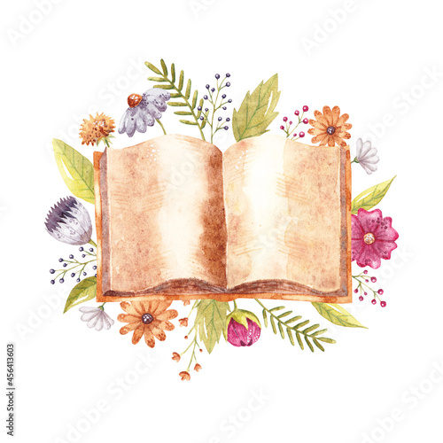 Watercolor hand-drown book with colorful flowers, leaves, book and envelope