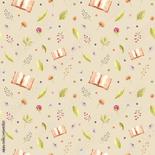 Watercolor hand-drown seamless pattern with colorful flowers, leaves, book and envelope