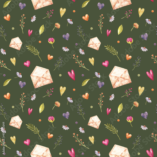 Watercolor hand-drown seamless pattern with colorful flowers, leaves, book and envelope