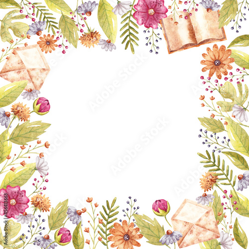 Watercolor hand-drown frame with colorful flowers, leaves, book and envelope
