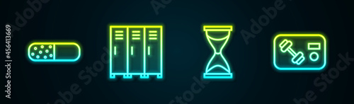 Set line Vitamin pill, Locker or changing room, Old hourglass and Fitness club, gym card. Glowing neon icon. Vector