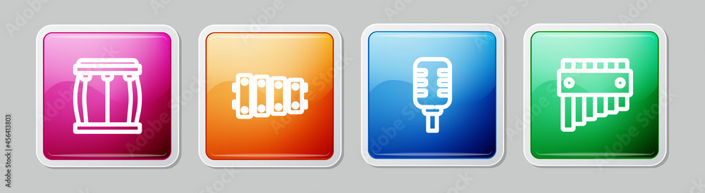 Set line Drum, Xylophone, Microphone and Pan flute. Colorful square button. Vector Set line Drum, Xylophone, Microphone and Pan flute. Colorful square button. Vector