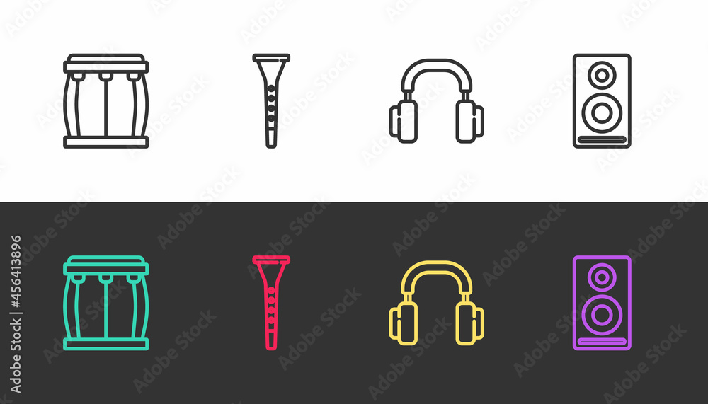 Set line Drum, Clarinet, Headphones and Stereo speaker on black and white. Vector Set line Drum, Clarinet, Headphones and Stereo speaker on black and white. Vector