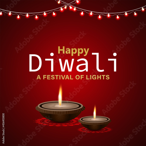 Happy diwali indian festival of light celebration greeting card with oil lamp