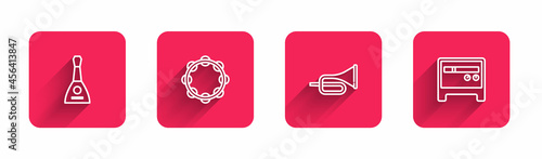 Set line Balalaika, Tambourine, Trumpet and Guitar amplifier with long shadow. Red square button. Vector