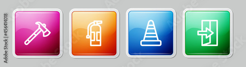 Set line Firefighter axe, extinguisher, Traffic cone and exit. Colorful square button. Vector