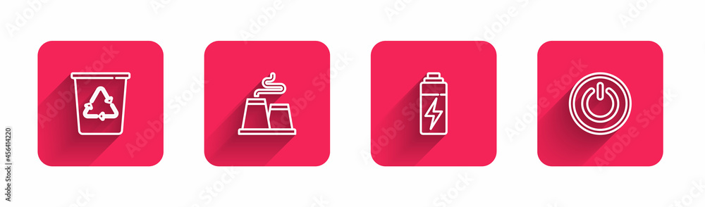 Set line Recycle bin with recycle, Factory, Battery and Power button with long shadow. Red square button. Vector Set line Recycle bin with recycle, Factory, Battery and Power button with long shadow. Red square button. Vector