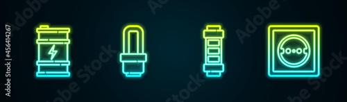 Set line Bio fuel barrel, LED light bulb, Battery and Electrical outlet. Glowing neon icon. Vector