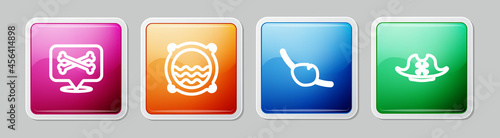 Set line Location pirate, Ship porthole with seascape, Pirate eye patch and hat. Colorful square button. Vector
