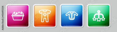Set line Baby bathtub, clothes, and crib hanging toys. Colorful square button. Vector